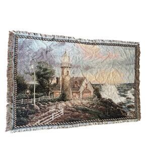 Thomas KinkadePainter of Light Lighthouse Throw Blanket Nautica Cottage 62”x43”